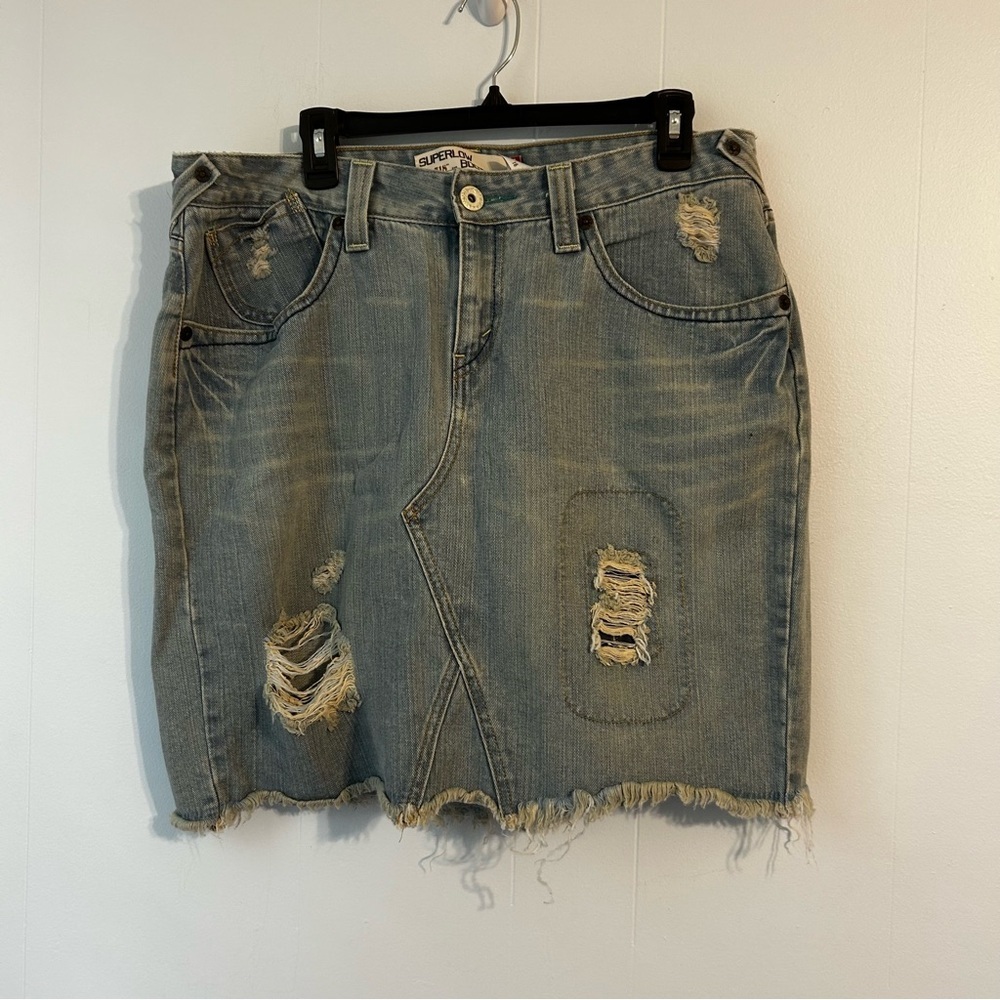 Levi's Jeans Denim Cut Off Skirt Paisley Patches Distressed‎ Womens Size 16